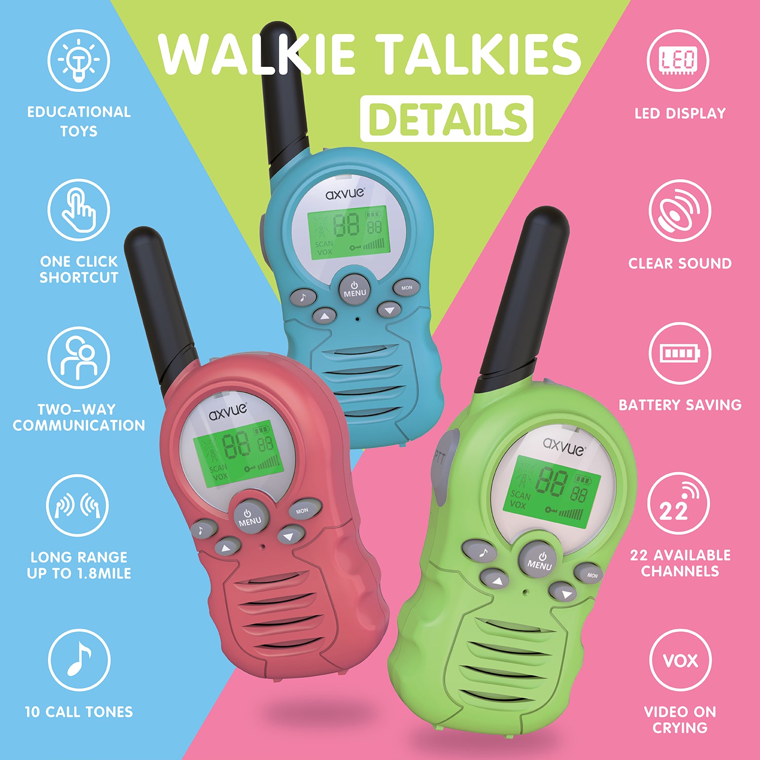 AXVUE T388A Multicolour Walkie Talkies 3 Pack